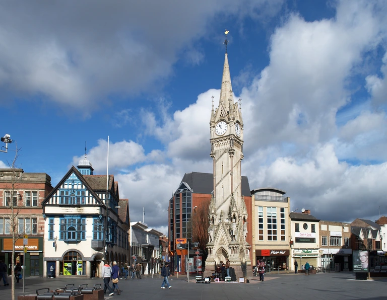 Leicester clock tower with a wide view