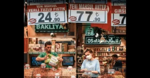 Two people stood in a shop stall with price signs around